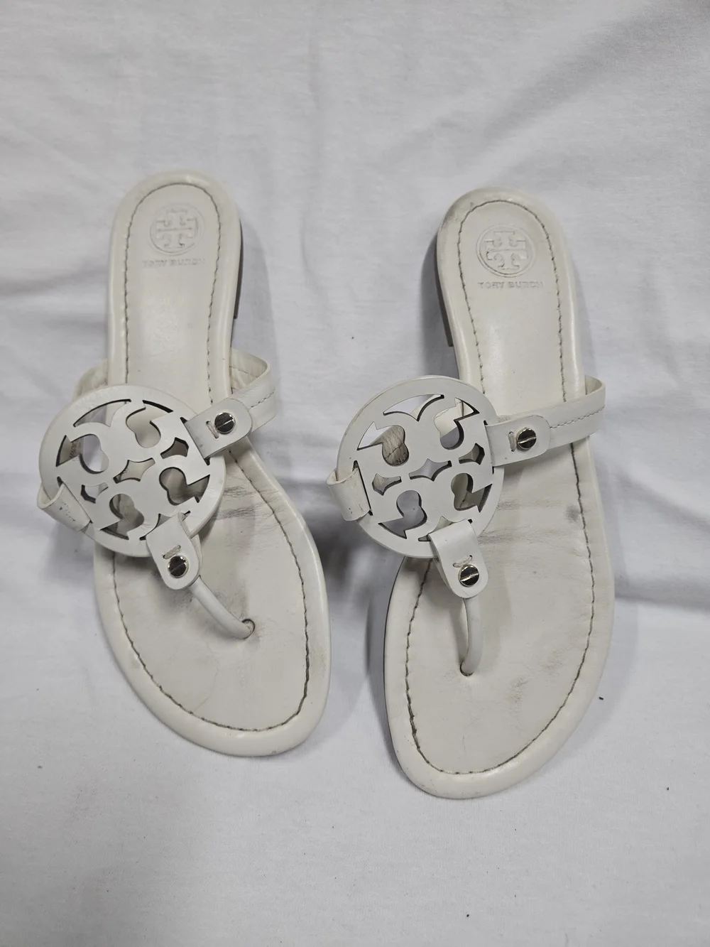 Tory Burch White Logo Cutout Thong Sandals